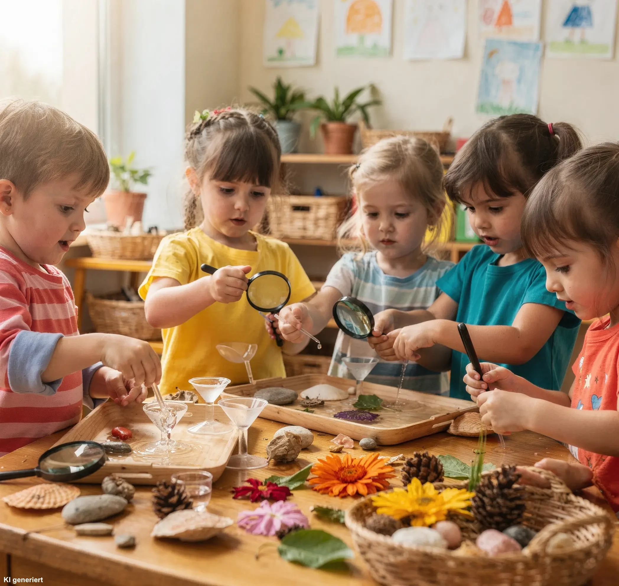 Kinder experimentieren mit Wasser und Lupen am Forschertisch