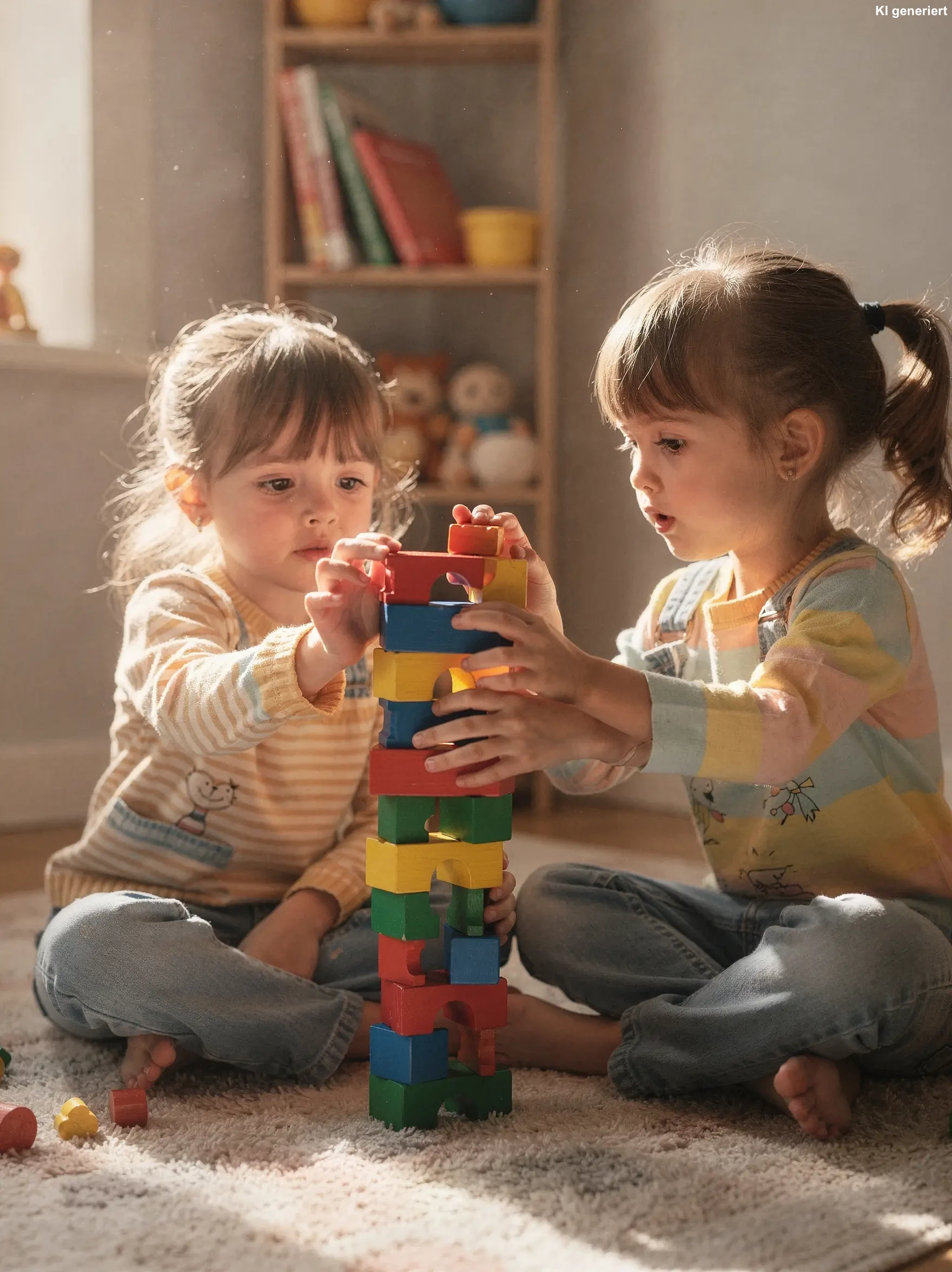Zwei Kinder bauen einen Turm aus Holzklötzen