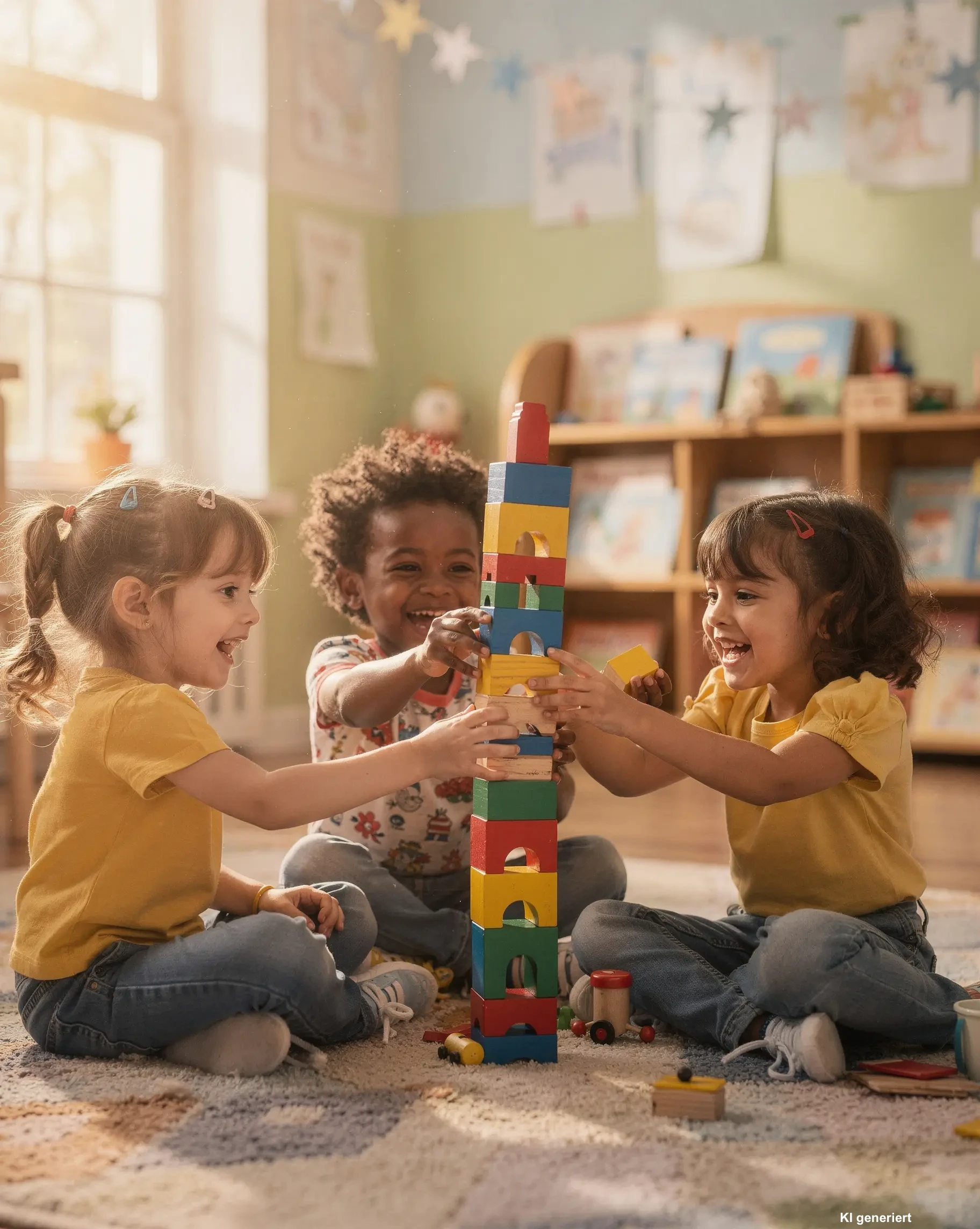 Fröhliche Kindergartenkinder spielen gemeinsam im Gruppenraum