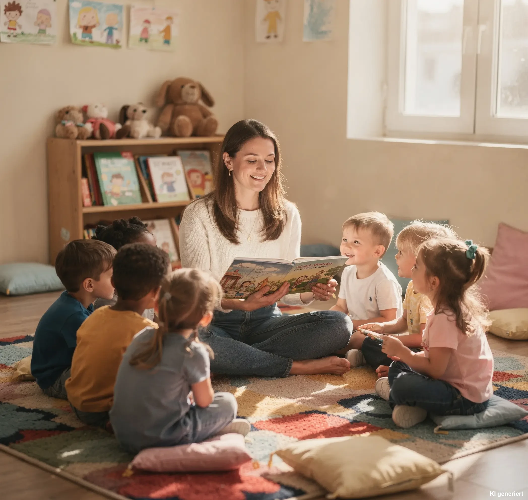Erzieherin liest einer Gruppe Kinder in der Leseecke vor